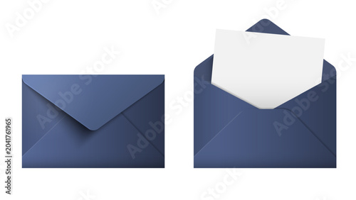 Dark blue realistic envelope, set of open,open with blank sheet paper inside