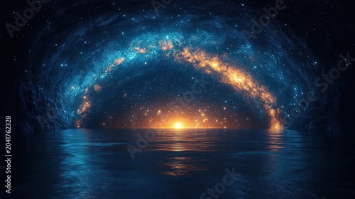 Abstract Swirling Cosmic Nebula With Glowing Particles Over Reflective Water Surface