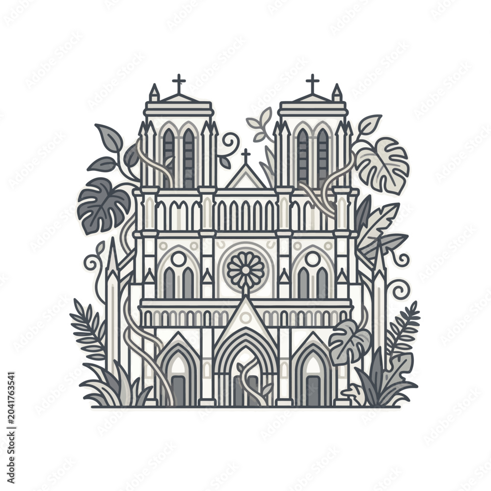 Obraz premium Line art of gothic cathedral facade covered in vines.