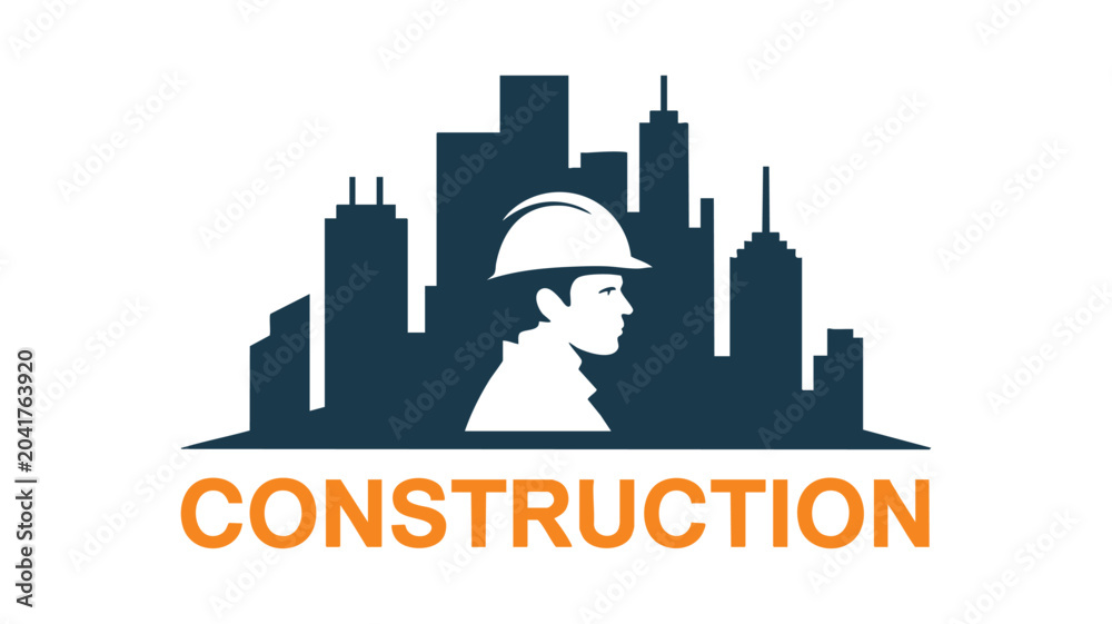 Obraz premium City Skyline Icon with Firefighter Silhouette and Orange Construction Lettering on a Blue Background