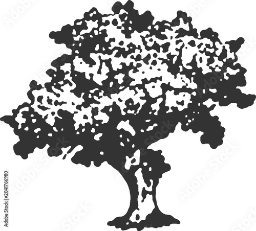 tree line art oak tree illustration, textured silhouette, isolated on white
