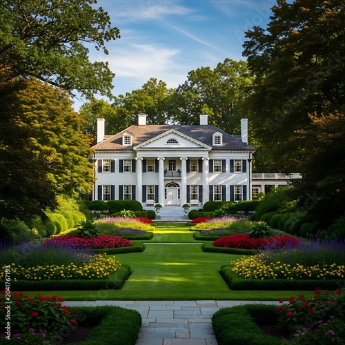 Elegant White Colonial Mansion Surrounded by Formal Garden and Lush Trees