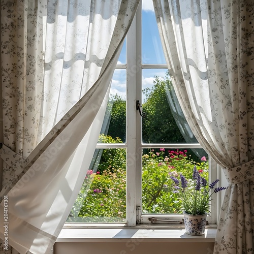 Sunlit window with flowing curtains and a vibrant garden view.