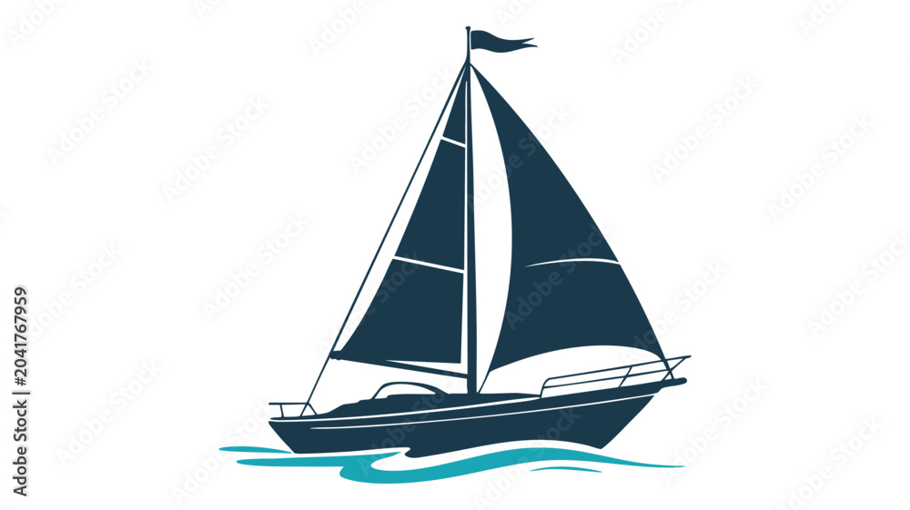 Fototapeta premium Sailboat Icon with Blue Hull and White Sails on Teal Waves in Minimal Flat Vector Style Featuring Sailing, Ship, Yacht with Nautical and Maritime