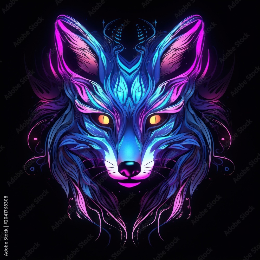 Fototapeta premium Neon fox pattern animal purple.