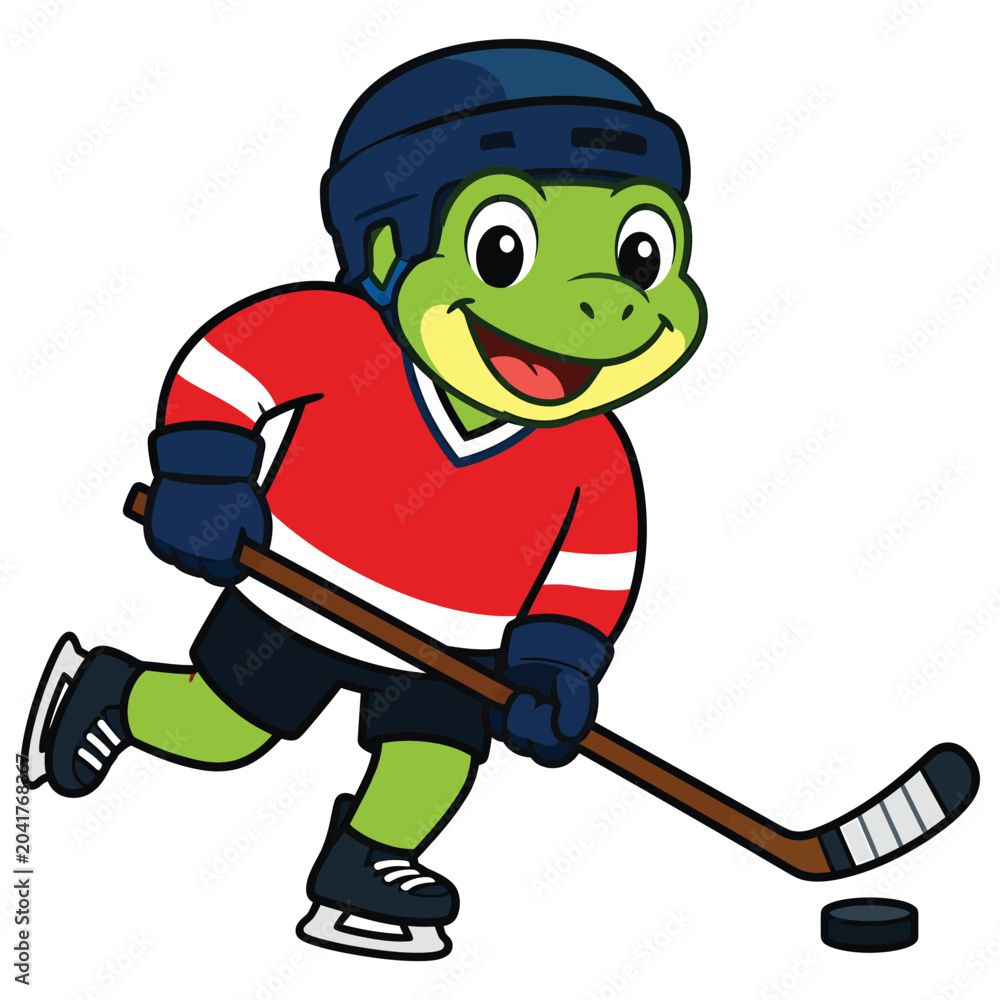 Fototapeta premium Cartoon turtle hockey player character wearing a red jersey and blue helmet
