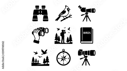 Travel icons depict a nature exploration scene with a bird, binoculars, and a compass on a forest trail.