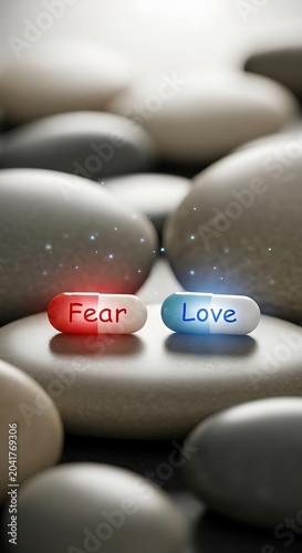 Fear versus Love - A Symbolic Pill Choice on Smooth Stones.