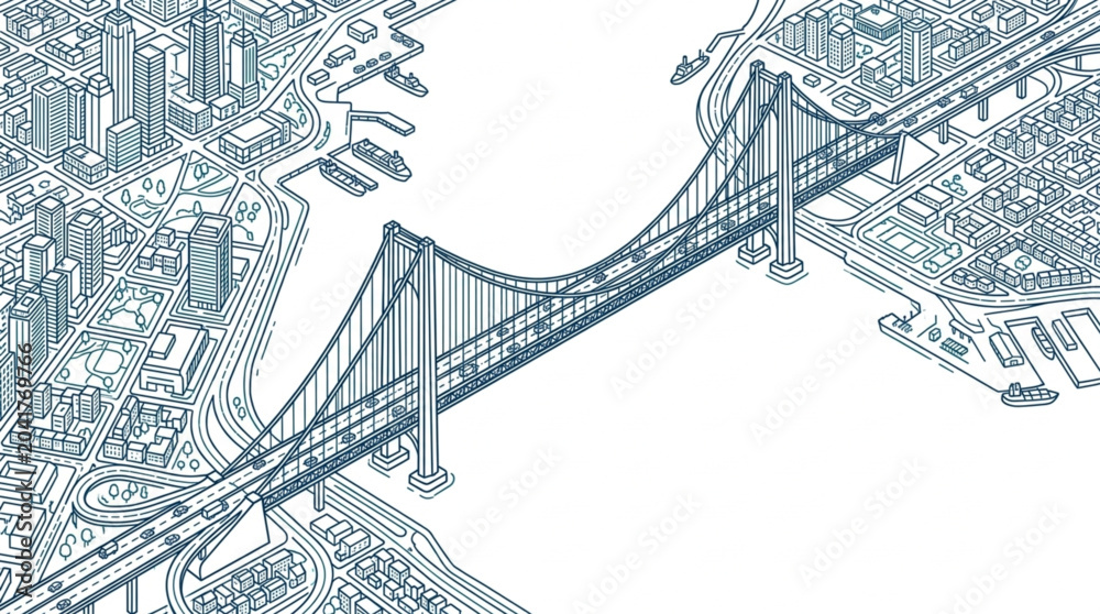 Obraz premium Detailed Architectural Drawing of a Suspension Bridge Connecting Two Cityscapes.