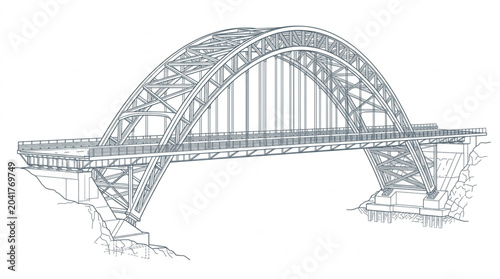 Detailed Architectural Drawing of a Steel Arch Bridge Structure.
