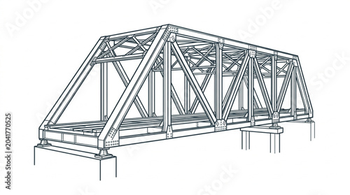 Detailed illustration of a steel truss railway bridge structure.