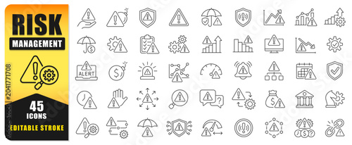 Risk Management Line Icon Set Featuring Editable Stroke Vector Symbols For Risk Assessment, Compliance, Security, Insurance, Financial Analysis, Alerts, Protection, Monitoring, And Business Strategy.