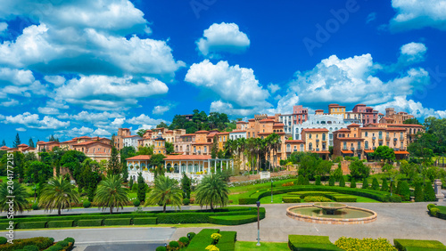 Beautiful romantic of Venetian-style Italian village landscape on mountain with blue sky and cloud background in Thailand. 