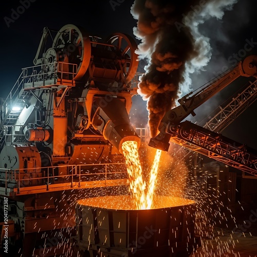 Molten Metal Pouring into Crucible at Industrial Plant.