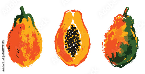 Collection of three papaya fruits with colorful artistic paint style