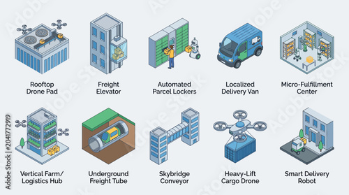 Foto Isometric illustrations of urban logistics technologies and delivery infrastruct
