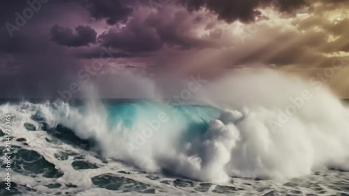 Epic ocean wave crashing under dramatic stormy sky with rays of sunlight breaking through clouds, nature scene