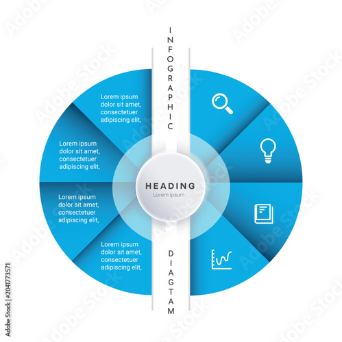 Blue circular infographic diagram with icon sections, text areas, central heading, and clean business layout.