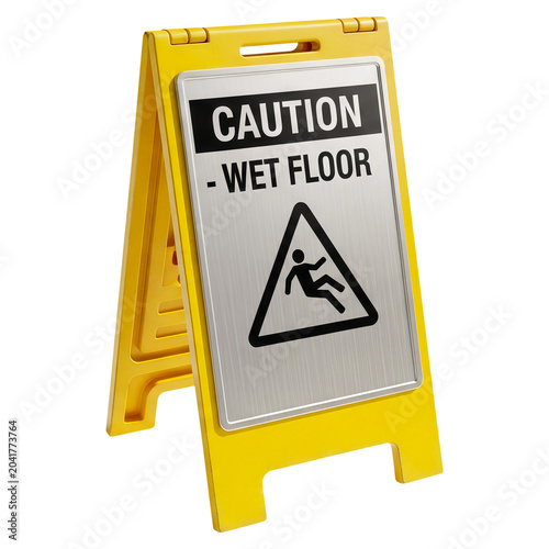 Yellow caution sign with wet floor warning isolated on a transparent background