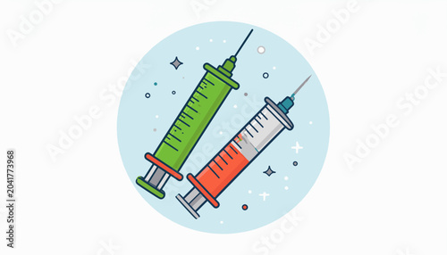 Two syringes, one green, one red, float in a light blue circle