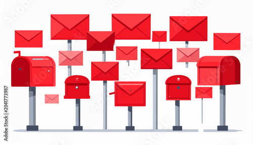 A vibrant collection of red mailboxes and envelopes against a clean white background