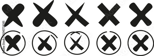 Bild auf Leinwand Black hand drawn cross mark shapes collection with circular frames for feedback