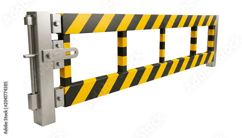 A silver metal gate with yellow and black striped barriers securely locked on a transparent background. Safety and security purposes