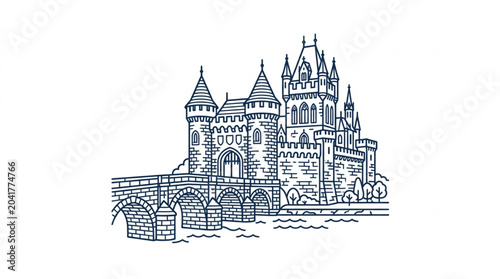 Bild auf Leinwand Detailed Sketch of a Majestic Medieval Castle with Bridge.