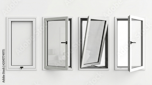Obraz na plátně Set of modern white UPVC window frames in various opening states isolated on white wall