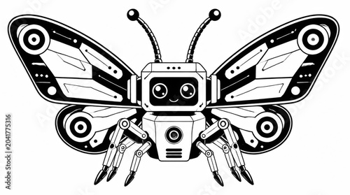 Cute mechanical butterfly robot vector illustration in black and white line art style.