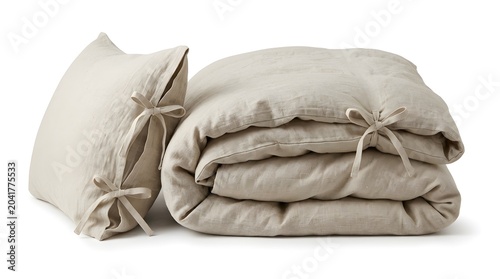 A soft pillow and a neatly folded duvet are placed together. The duvet is tied with ribbons. This bedding is set on a white background. The colors are neutral and simple