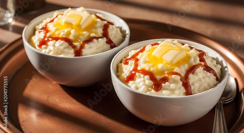 Delicious Cottage Cheese Bowls with Caramel Drizzle and Egg.