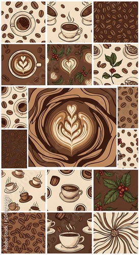 Vintage Coffee Cup and Bean Pattern Collage Arranged in Warm Brown Illustration