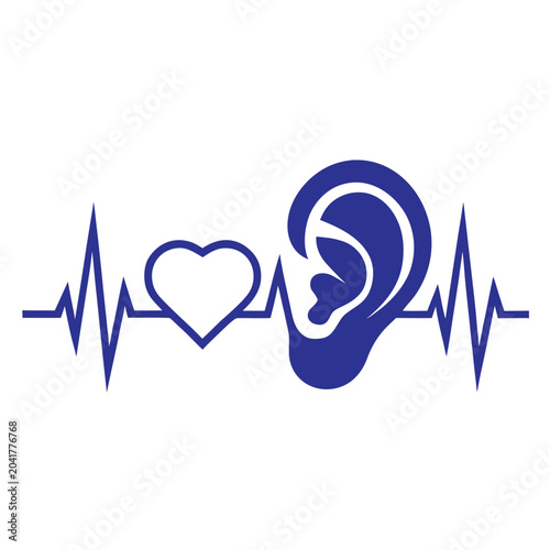 Blue medical icon of ear and heart with ecg line  health and hearing concept icon