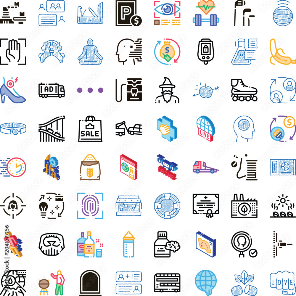 Fototapeta premium Grid of flat icons representing technology, health, business, sports, food, travel and education concepts, clean infographic style symbols for web, app, commerce and lifestyle use