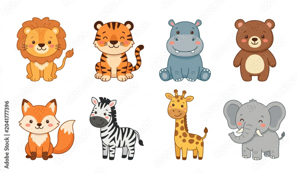 Obraz premium Cute Cartoon Wild Animal Characters Vector Collection