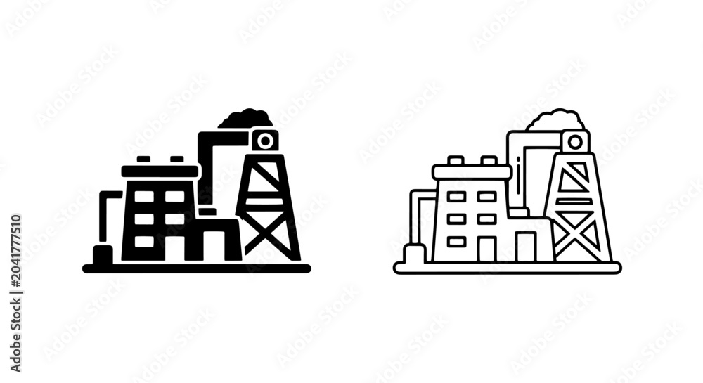 Naklejka premium Industrial factory and power plant icon set with silos and chimneys, manufacturing and energy production concept