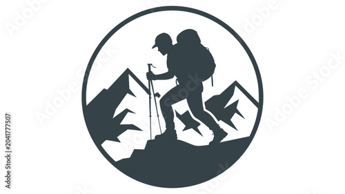 Mountain Hiker Logo Icon with Silhouette and Trekking Poles Inside a Circular Emblem Over Rugged Peaks
