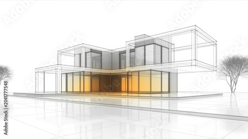 Architectural wireframe of a modern house isolated on white background