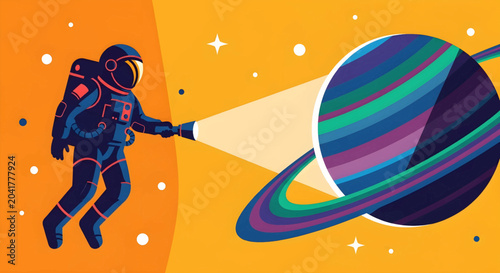 Photos Astronaut exploring space with flashlight towards a colorful planet