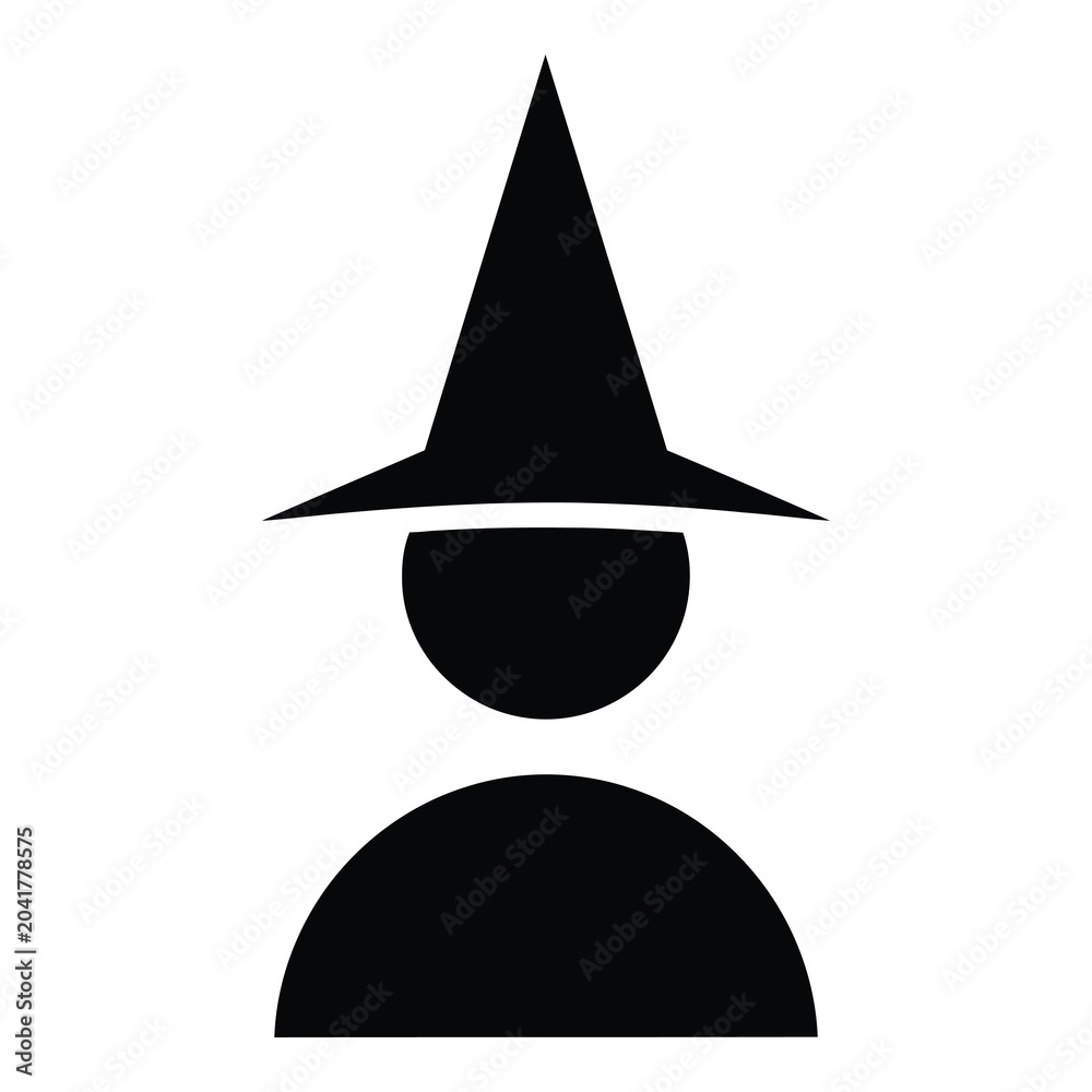 Fototapeta premium Simple black silhouette of a person wearing a witch hat on white background icon
