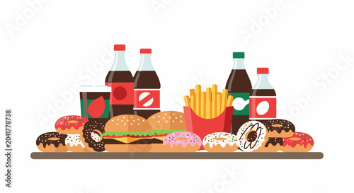 Colorful assortment of fast food, including donuts, burgers, fries, and sodas