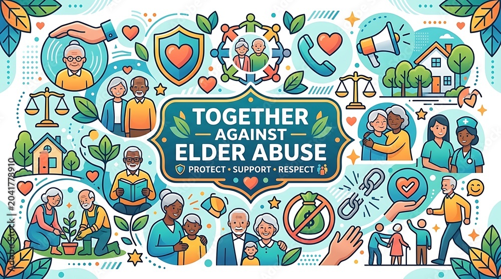 Fototapeta premium Vector awareness icons collage, text “Together Against Elder Abuse”
