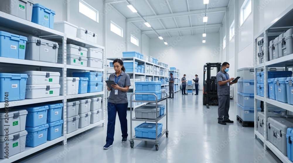 Obraz premium Medical supply warehouse with staff checking storage containers. Concept of healthcare logistics, hospital inventory, pharma storage, supply chain, and stock control.