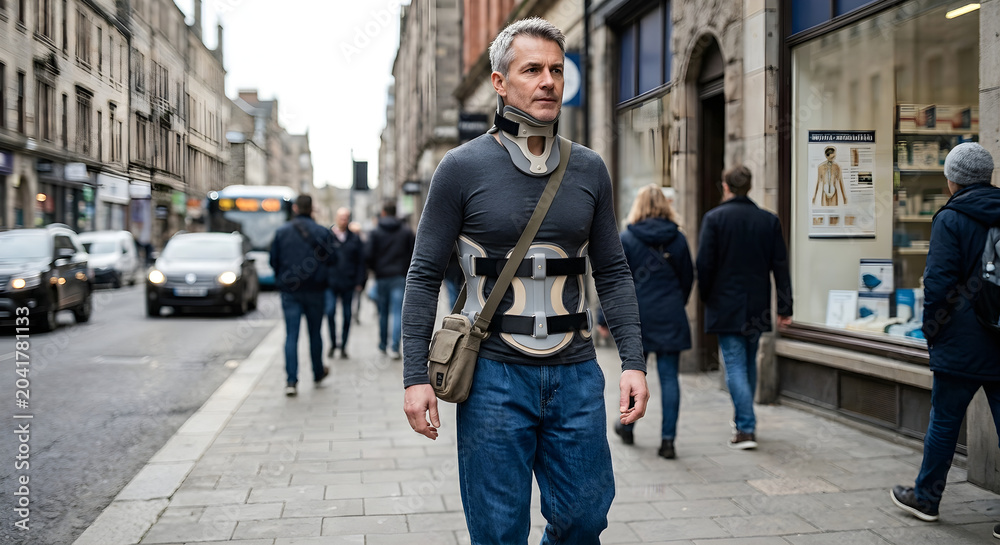 Obraz premium Man recovering from spinal injury walking on city street wearing neck and back brace for medical rehabilitation