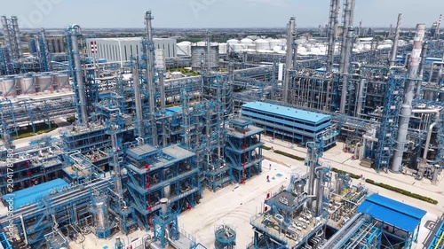 Aerial View of a Large Petrochemical Plant Complex with Distillation Towers and Storage Tanks