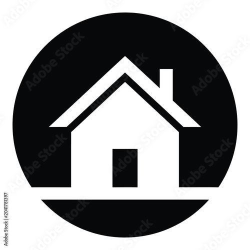 Simple white house icon on black circular background icon