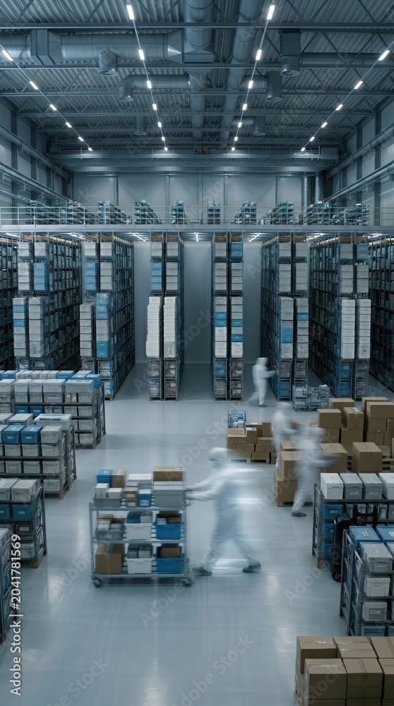 Fototapeta premium Medical cold chain warehouse seen from above with autonomous transport cart. Concept of pharma logistics, hospital inventory, cold chain automation, and supply control. Banner