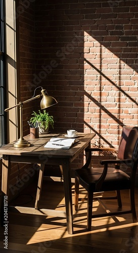 Cozy workspace with sunlight and vintage desk.