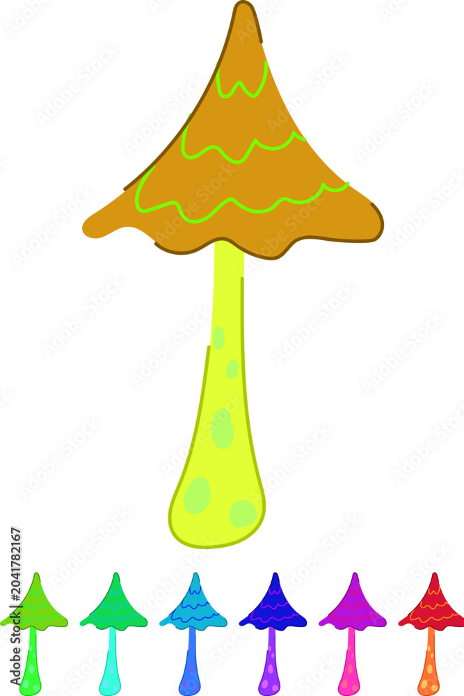 Obraz premium Stylized colorful mushroom with a red pointy cap and yellow wavy lines on an orange spotted stem, creating a vibrant, whimsical, and imaginative